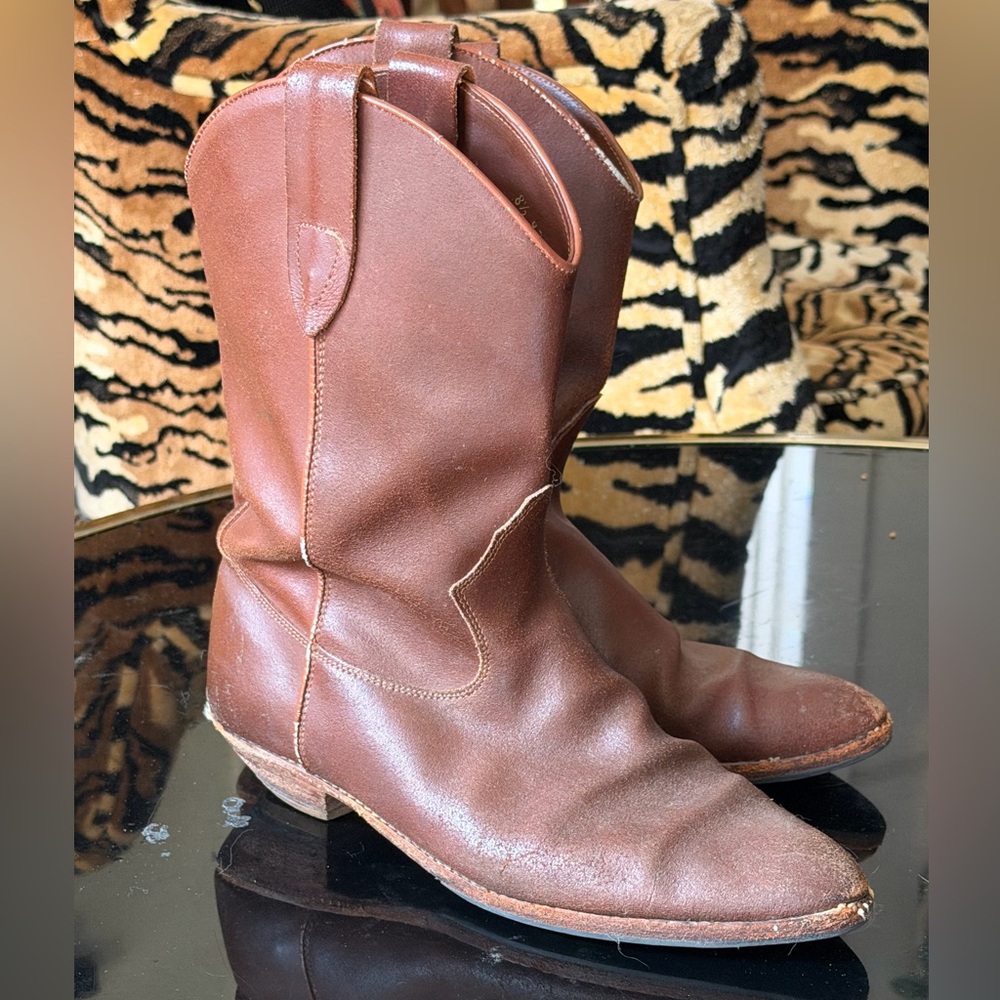 Vintage 1970s-80s Brown Leather Cowboy Boots Perfect Patina - Picture 2 of 6